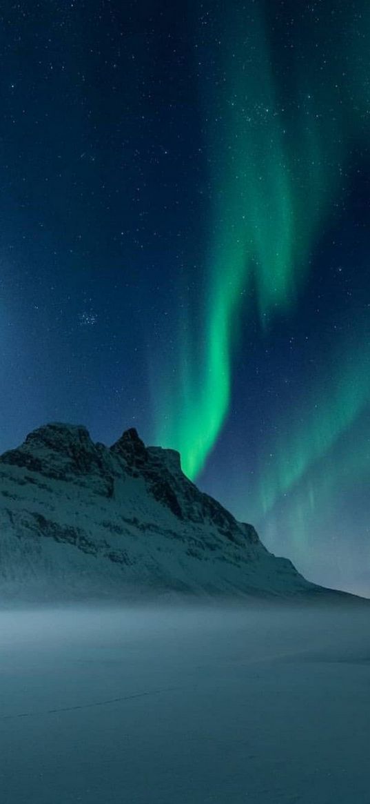 mountain, snow, north, northern lights, starry sky, stars, night