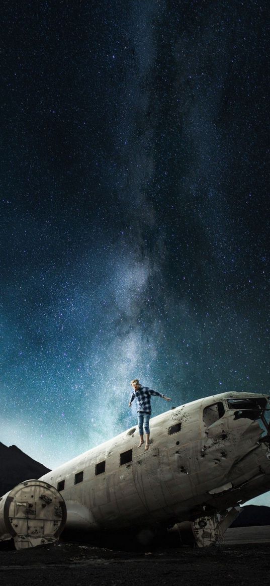 space shuttle, airplane, man, lonely, crash, mountains, milky way, starry sky, stars, space