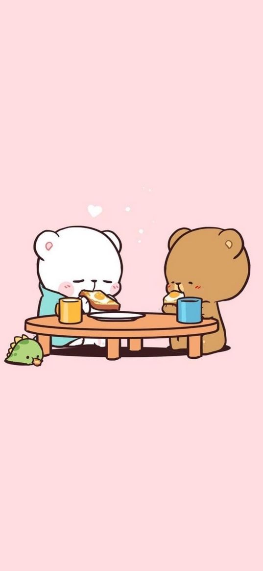 milk, mocha, cartoon, bears, breakfast, cute, pink background, art