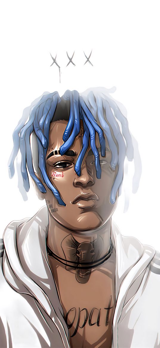 xxxtentacion, rapper, rap, guy, dreadlocks, tattoo, white background, art