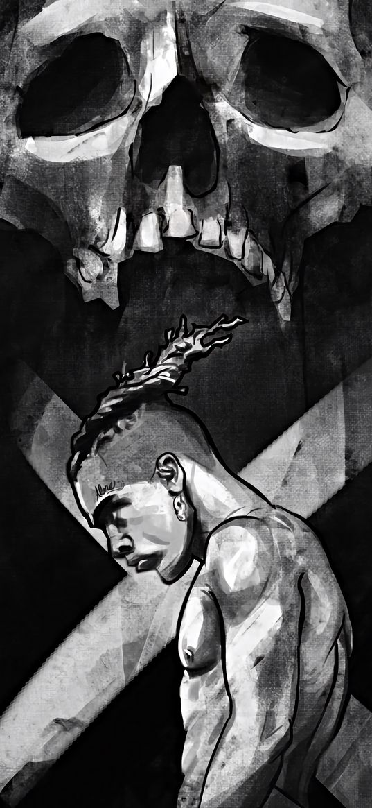 xxxtentacion, rapper, rap, guy, dreadlocks, skull, black and white, art