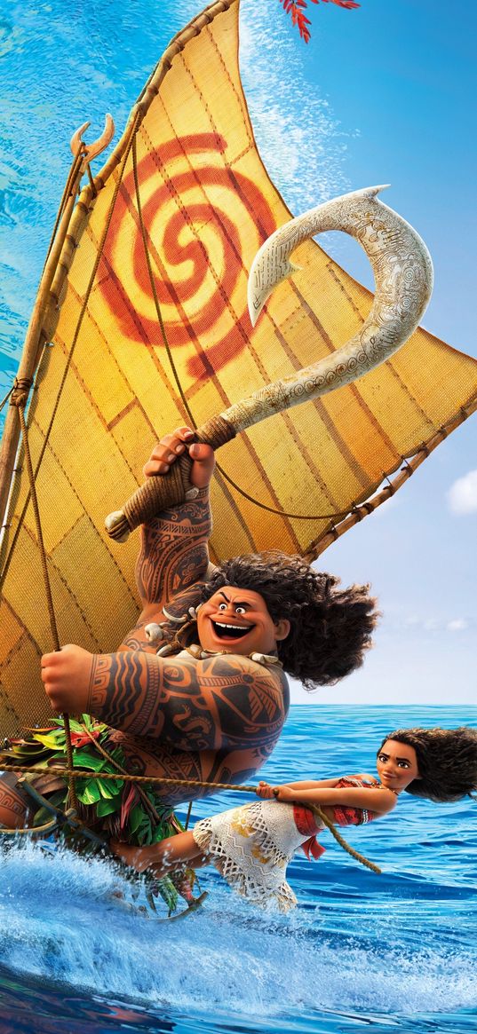 moana, maui, cartoon, characters, hook, boat, wave