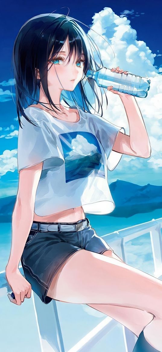 girl, anime, art, embankment, mountains, bottle, water