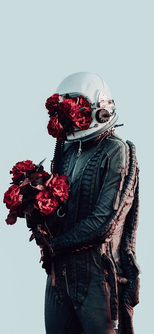 cosmonaut, astronaut, spacesuit, flowers, red, art