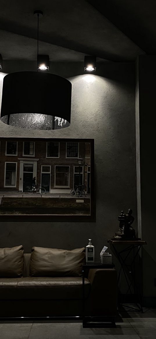 interior, minimalism, paintings, lamp, dark