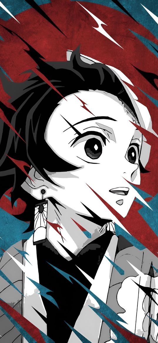 tanjiro kamado, demon slayer, anime, blue, red, japan, art