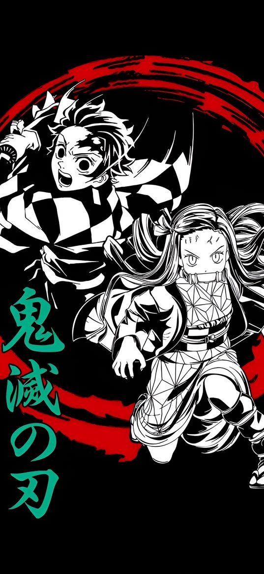 tanjiro, nezuko, demon slayer, anime, black and white, red, art