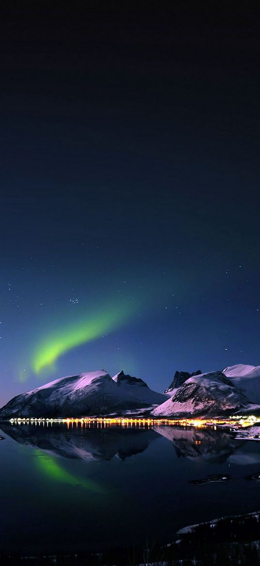 mountain, lake, reflection, city, blue sky, northern lights