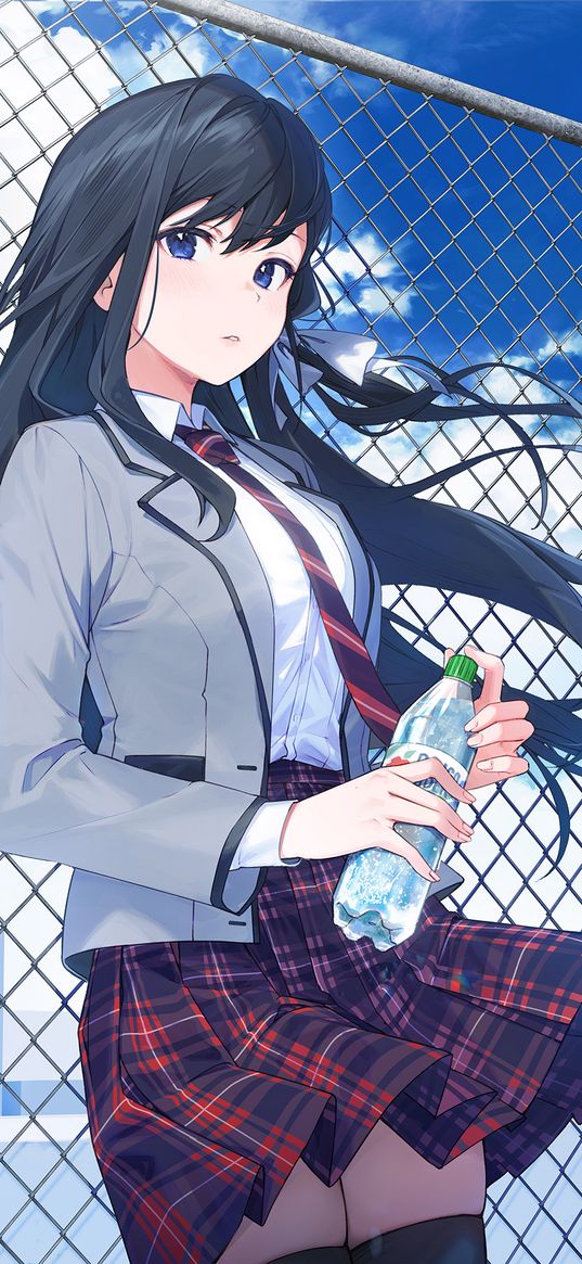 girl, anime, art, schoolgirl, uniform, bottle, water