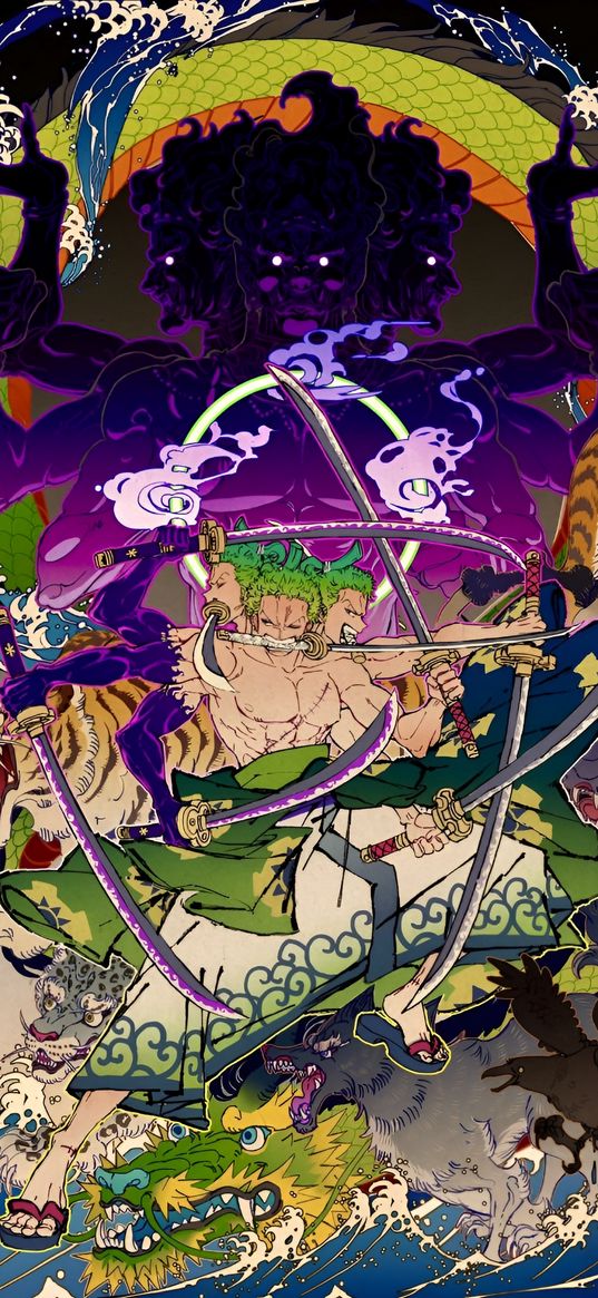 roronoa zoro, one piece, anime, character, animals, spirit, art