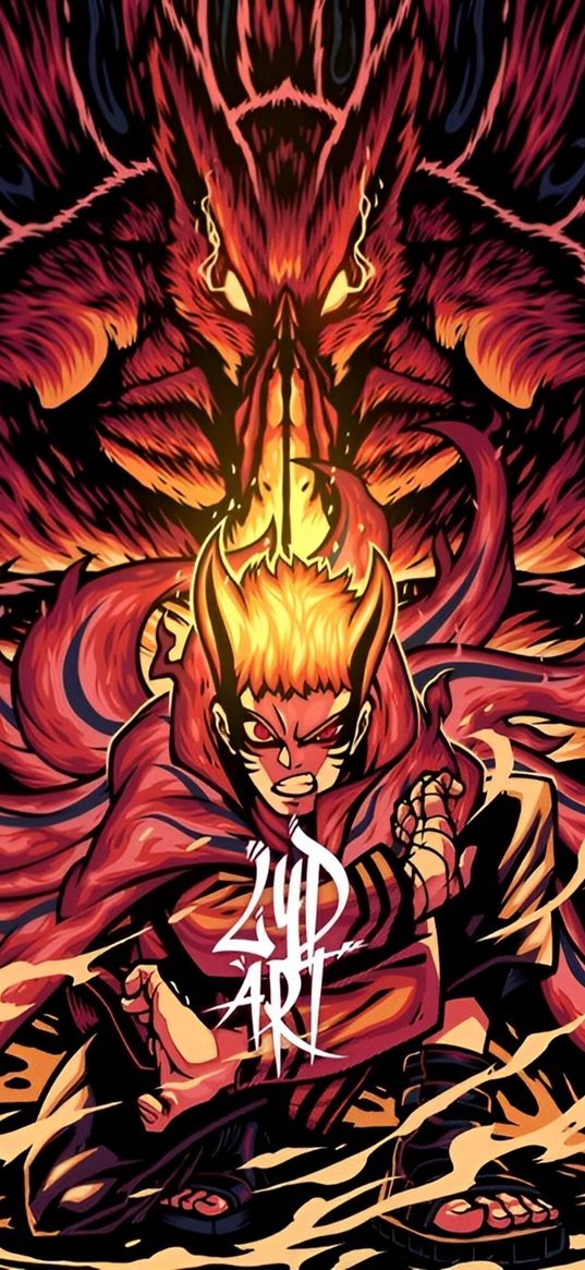 naruto, kurama, nine-tailed fox, anime, guy, monster, fire, magic, art