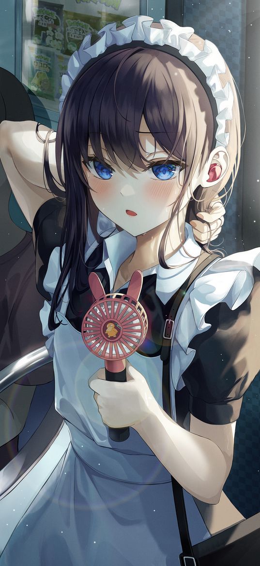 maid, girl, apron, blue eyes, fan, bus, hot, cute, beautiful, anime, art