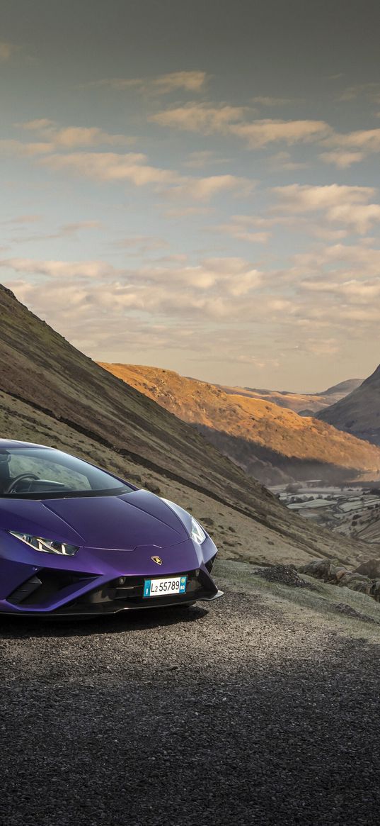 lamborghini huracan, lamborghini, sports car, car, purple, mountains, airplane, clouds, sky