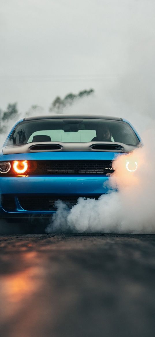 dodge challenger, dodge, sports car, car, blue, driver, smoke