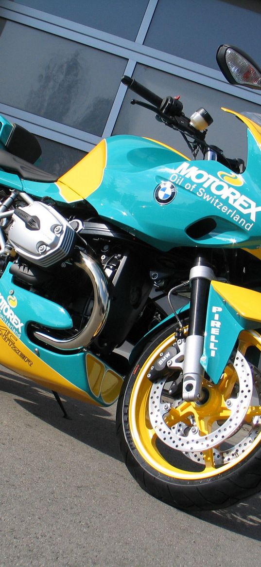 bmw, motorcycle, bike, yellow, blue, garage