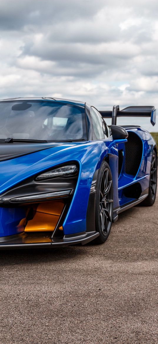 mclaren senna, mclaren, sports car, car, blue, road, clouds, cloudy