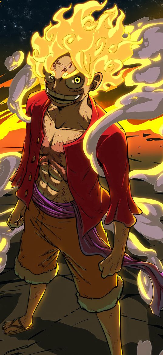 luffy, one piece, anime, guy, burning hair, crazy, smoke, art