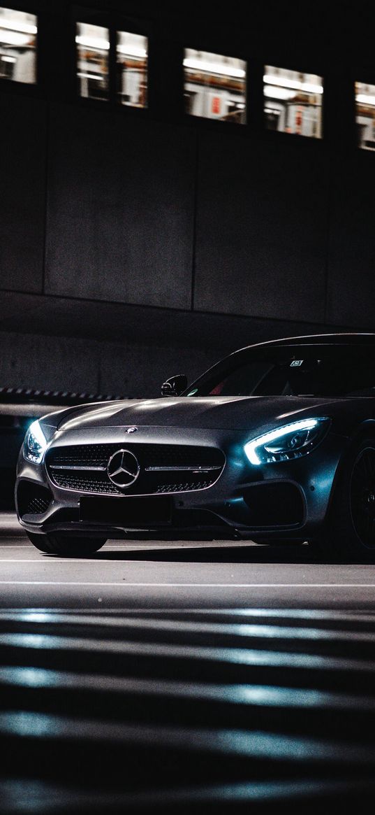 mercedes, sports car, car, gray, parking, building, night