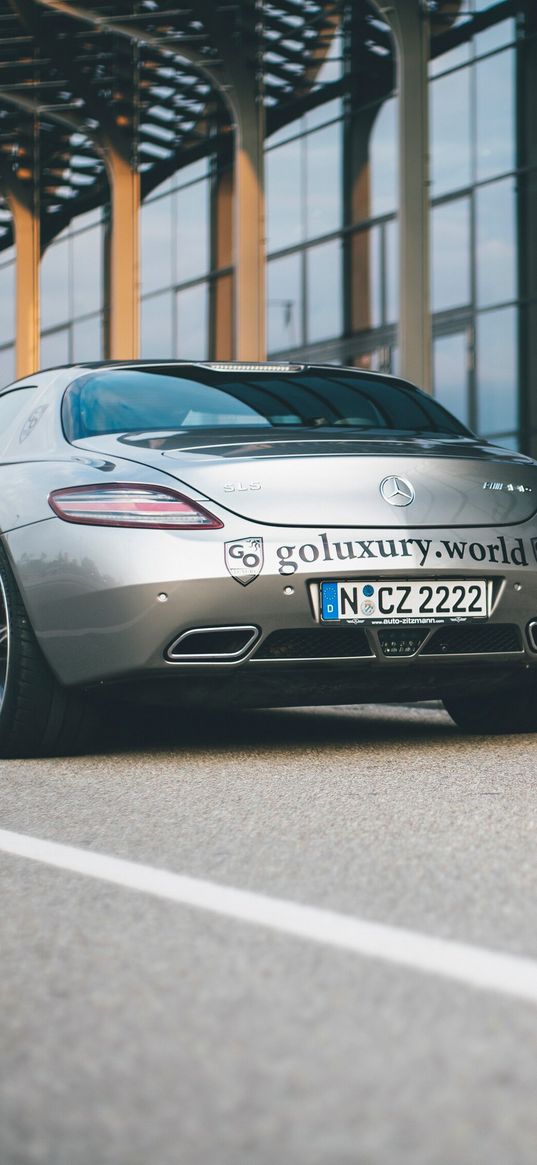 mercedes sls, mercedes, sports car, car, gray, road, building