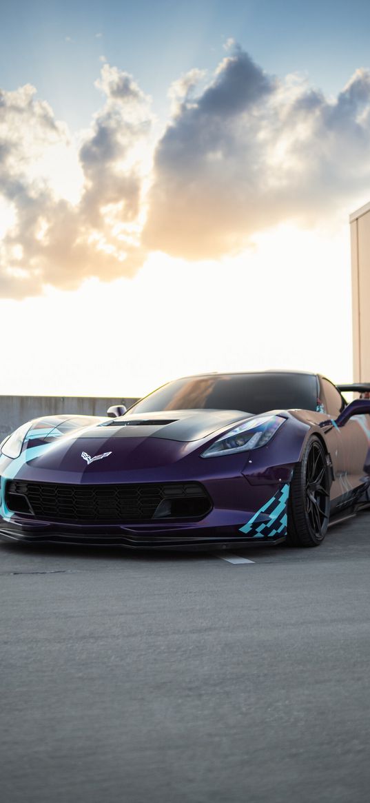 chevrolet corvette, chevrolet, sports car, car, purple, roof, clouds, sky