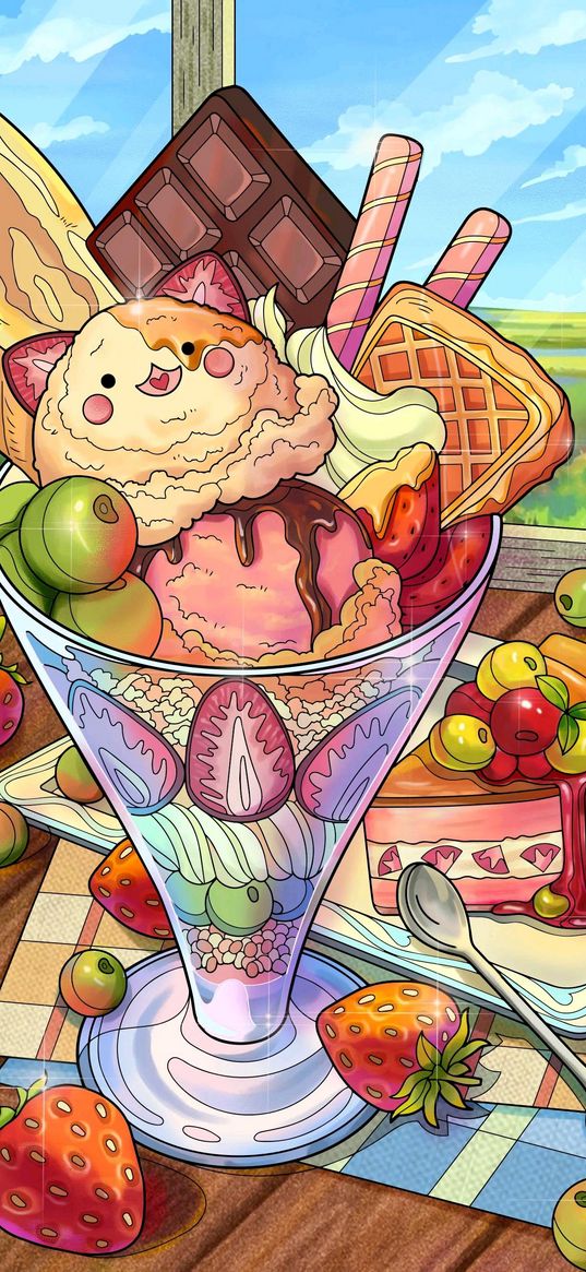 ice cream, cake, fruit, berries, dessert, summer, food