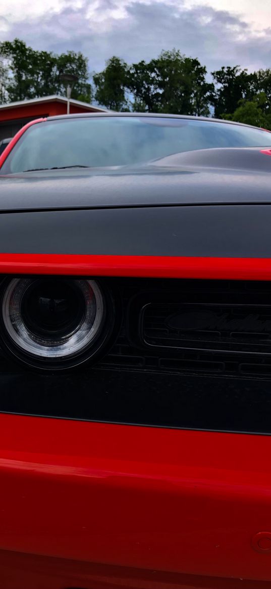 dodge challenger, dodge, car, red, black, headlight