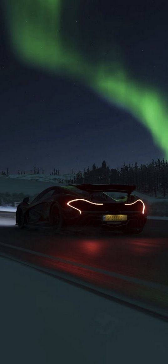 ferrari, road, winter, northern lights, car