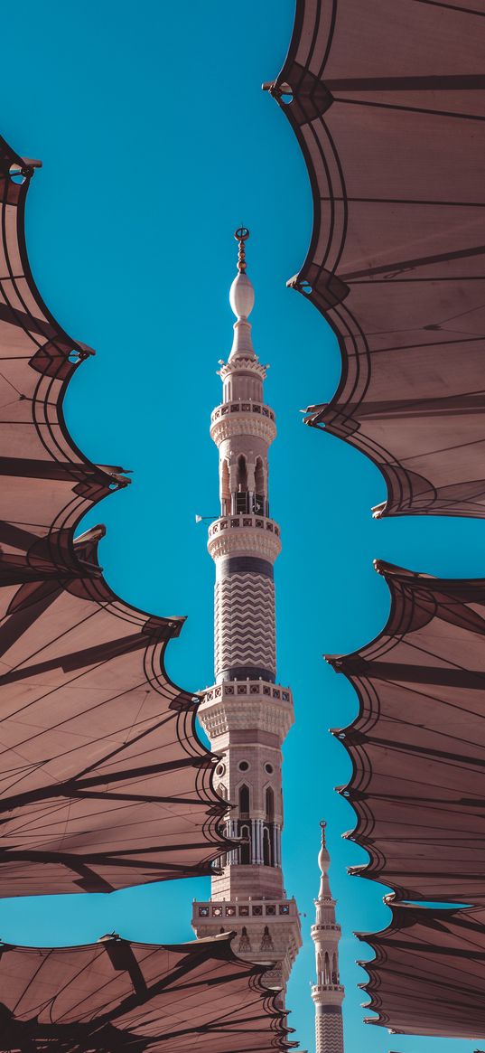 prophet's mosque, umbrellas, medina, saudi arabia, architecture, islam