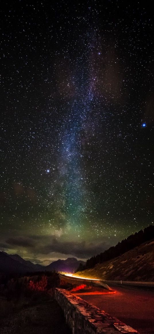 road, lights, containment, bushland, mountain, starry sky