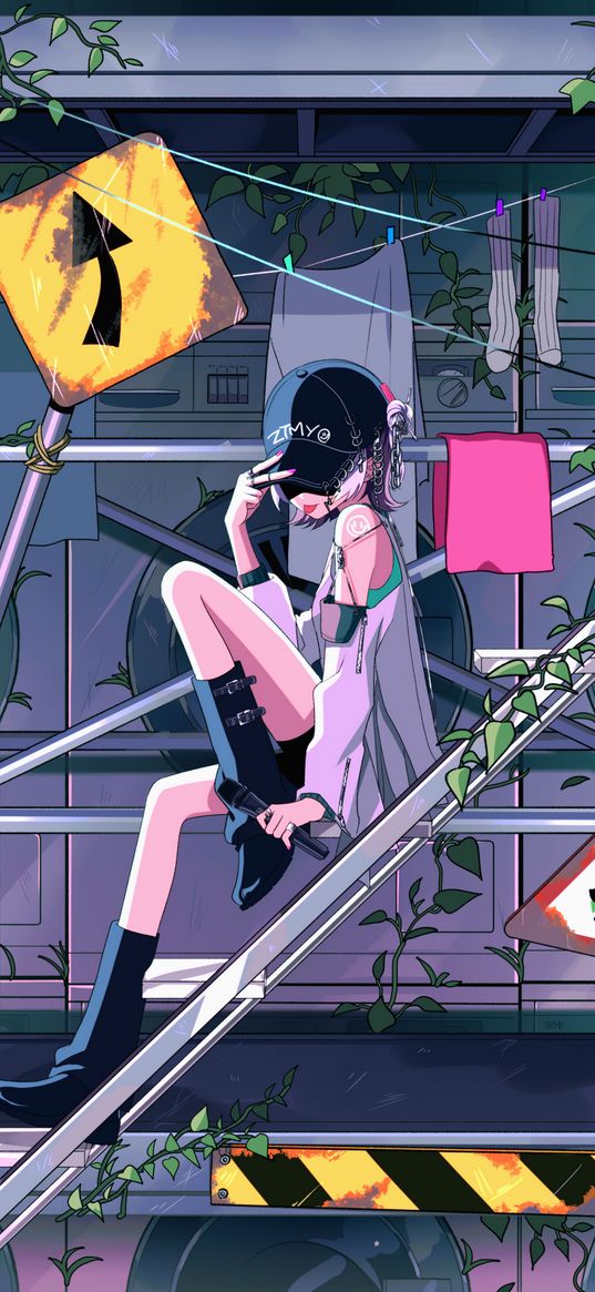 girl, cap, microphone, signs, construction site, anime, art