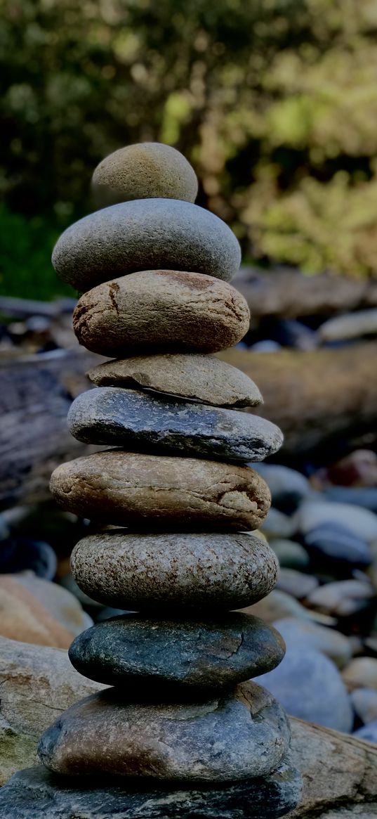 pebbles, stones, pyramid, log, balance, nature