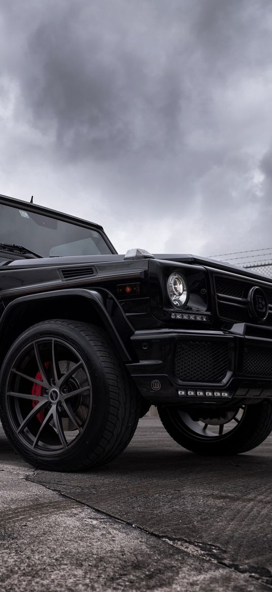 gelendwagen, mercedes, suv, car, black, fence, clouds, cloudy