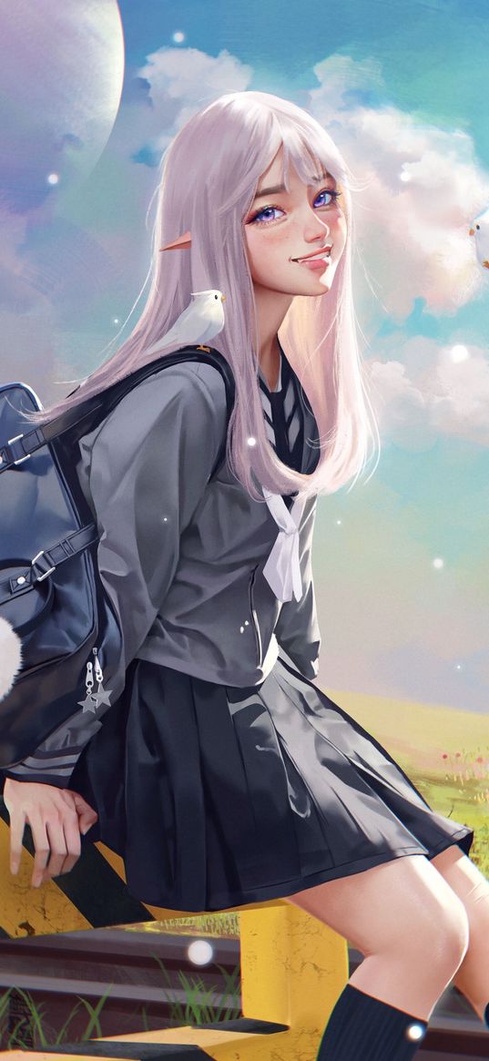 elf, girl, gray hair, purple eyes, school uniform, skirt, beautiful, smile, bird, field, clouds, anime, art