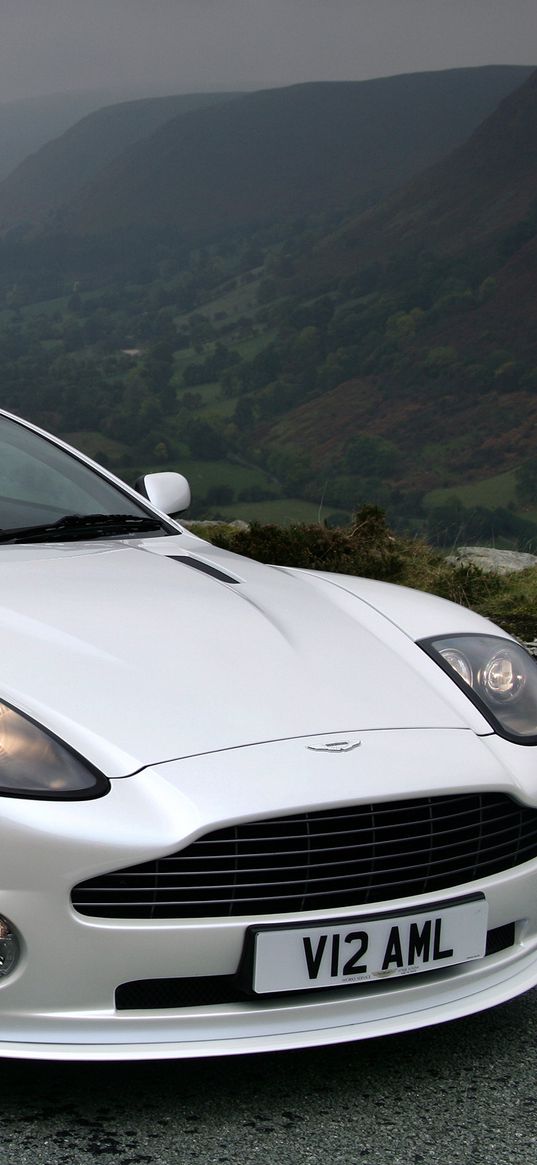 aston martin, v12, vanquish, 2004, white, front view, cars, mountains