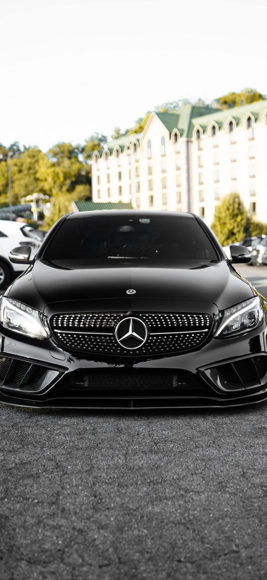 mercedes, car, black, parking, street