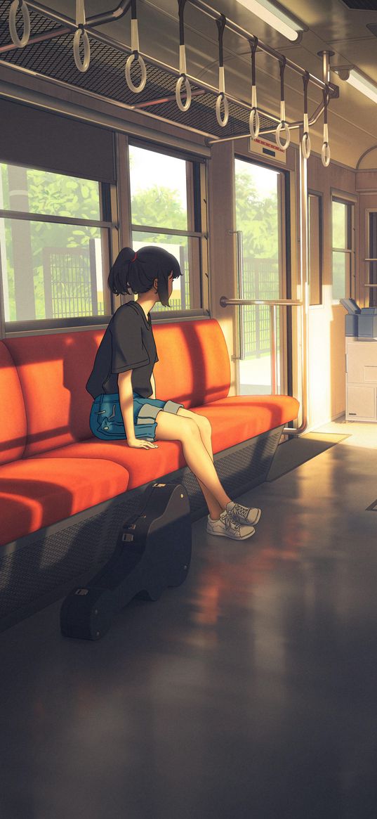 girl, carriage, train, case, guitar, lonely, anime, art