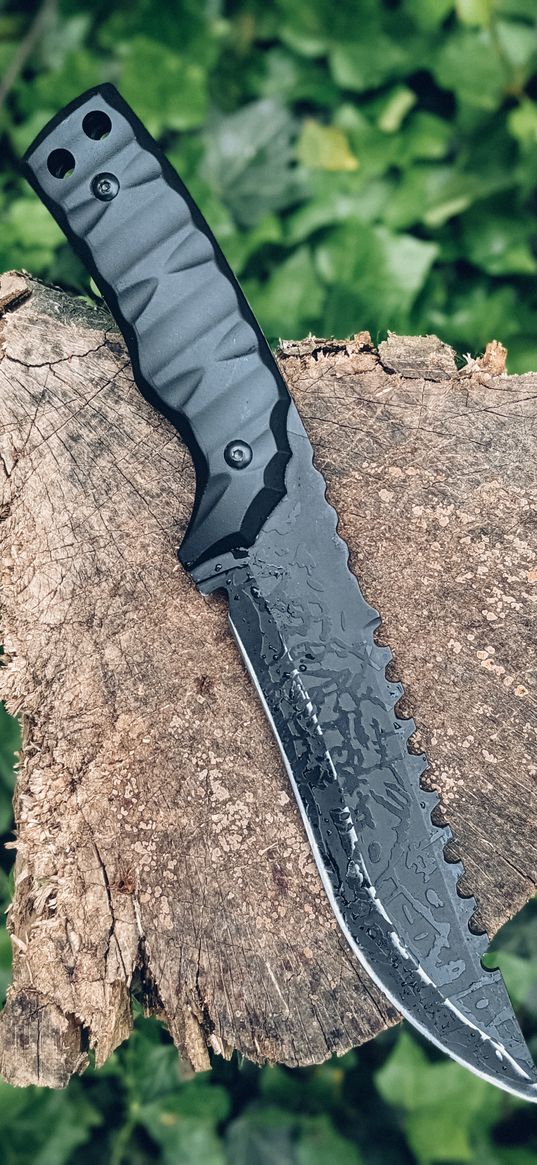 knife, black, log, leaves