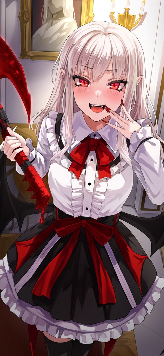 girl, vampire, dress, red eyes, fangs, wings, axe, palace, anime, art