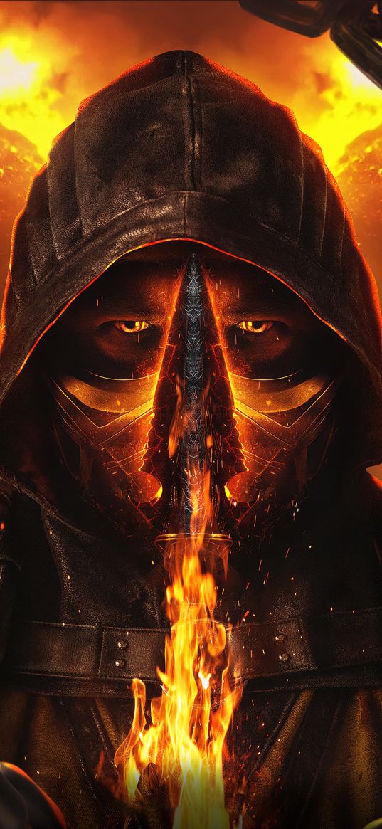 scorpion, mortal kombat, game, movie, ninja, spear, chain, flame, fire, art