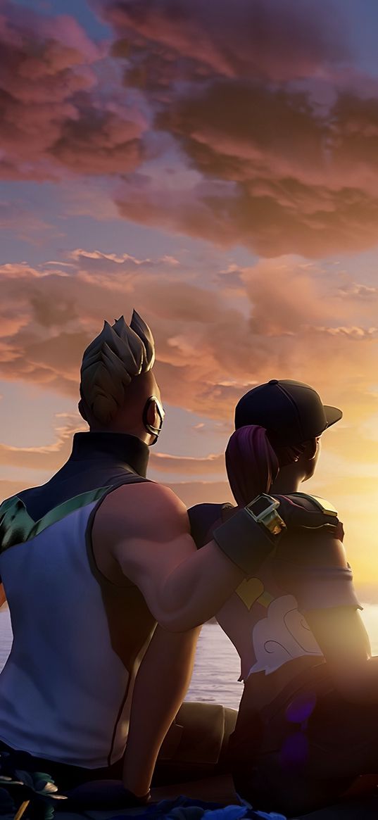 fortnite, game, characters, lake, bus, balloon, say goodbye, nature, sunset, art