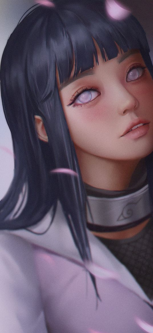 hinata hyuga, naruto, anime, girl, beautiful, cute, petals, purple, art