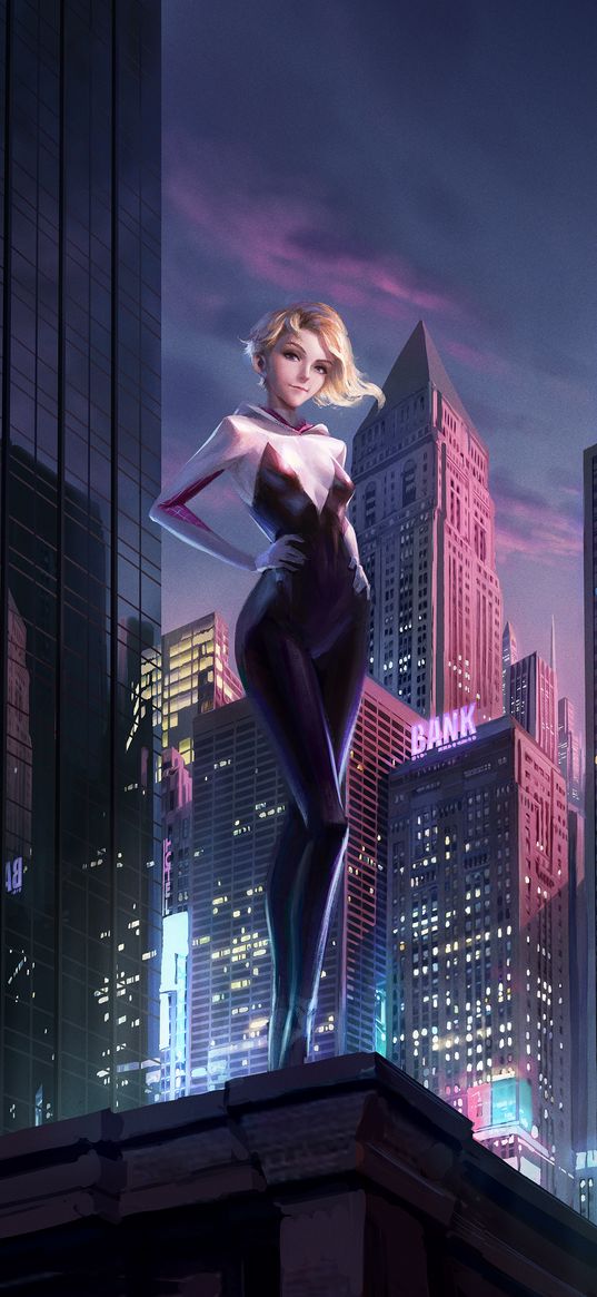 gwen stacy, spider-man, superhero, marvel, girl, roof, skyscrapers, city, night, art