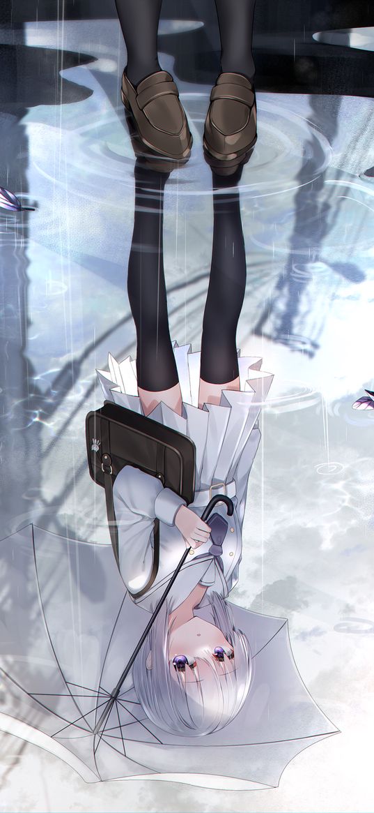 girl, anime, art, schoolgirl, umbrella, white, puddle, reflection