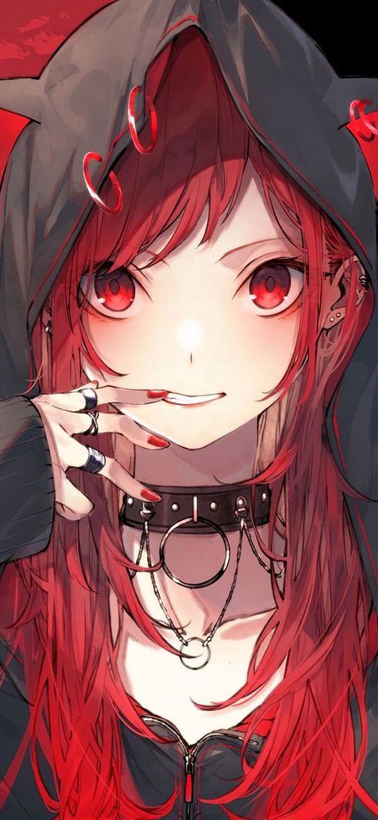 girl, anime, art, hood, ears, piercing, choker, black, red