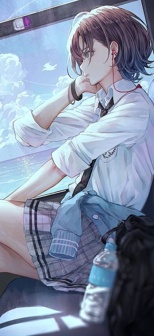 girl, anime, art, schoolgirl, train, backpack, bottle, headphones, window, sea