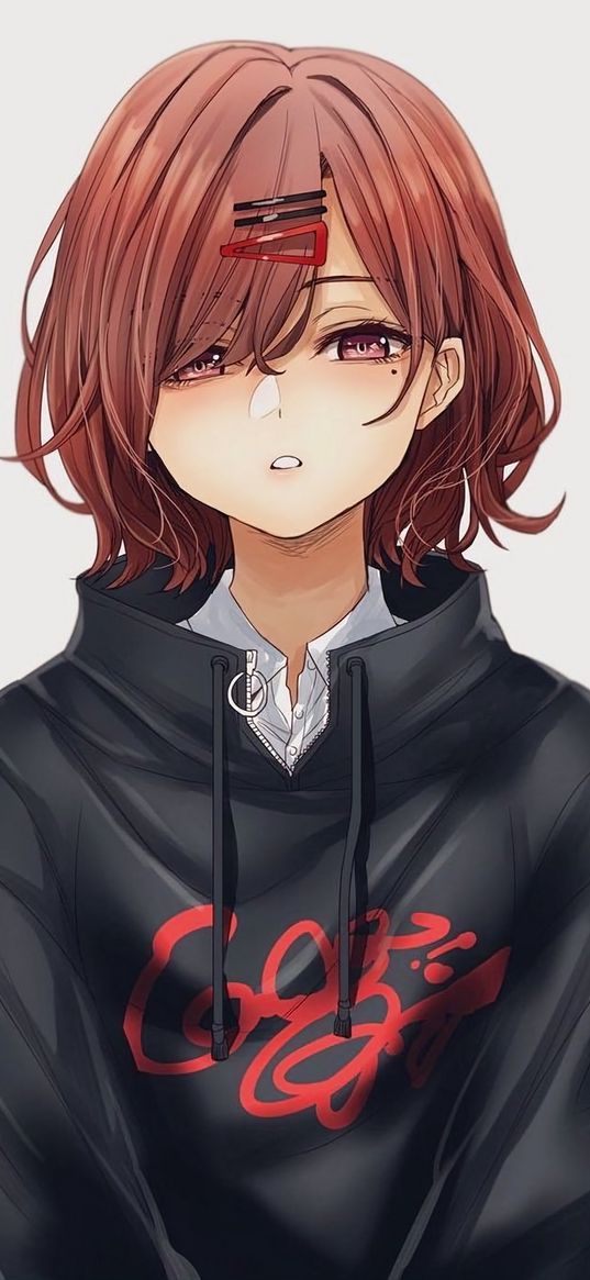 girl, anime, art, hoodie, shirt, hair clips