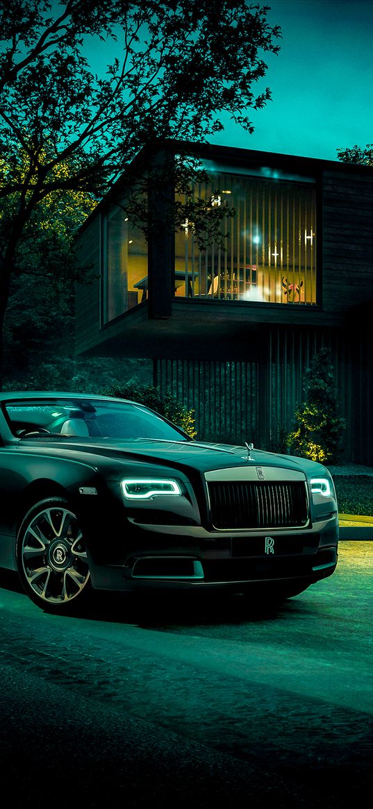 rolls-royce, car, black, house, tree, twilight