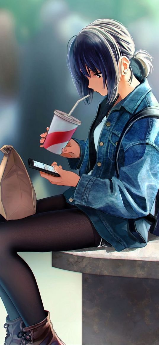 girl, drink, smartphone, package, backpack, sitting, lonely, sad, anime, art