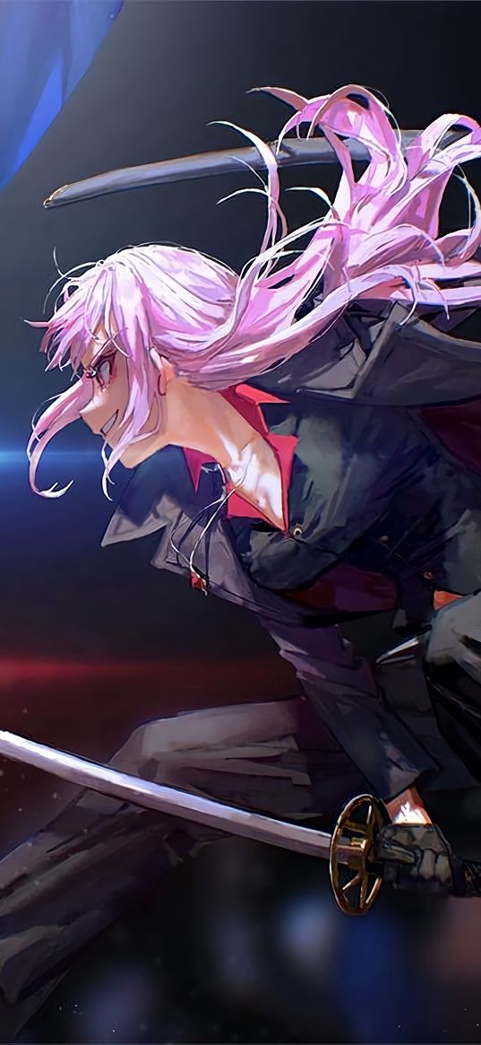 girl, pink hair, katanas, cloak, battle, anime, art