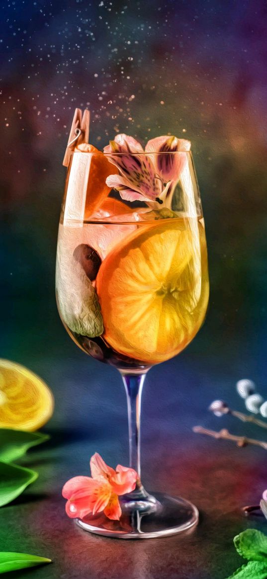 cocktail, drink, glass, flower, lemon, spray